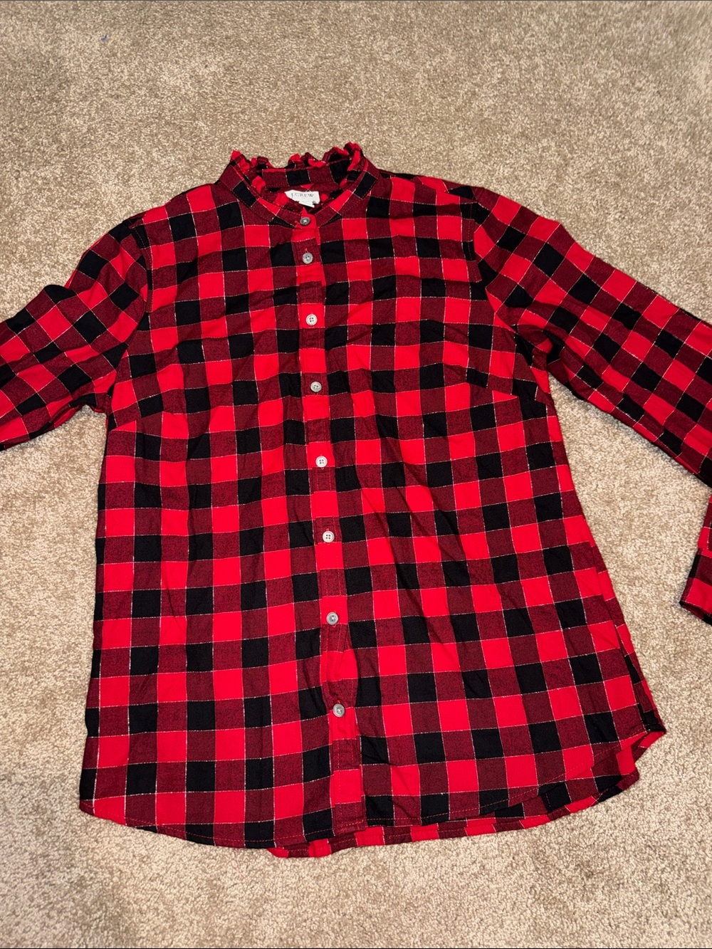 J. Crew Red and Black Plaid Button-Front Metallic Blouse  Small